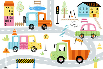 Poster - Doodle cityscape hand drawn vector illustration. Little town view with cars, roads, buildings, traffic signs