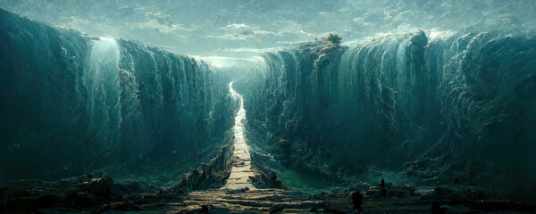 Ocean opening in biblical event of Moses. Opening of the Red Sea. 3D Illustration Rendering. AI generated image