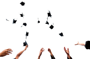Wall Mural - Graduating students hands throwing graduation caps on white background