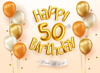 Canvas Print - 50th birthday vector concept design. Happy birthday 3d balloons with golden 50 metallic numbers for golden 50th birth day elegant celebration. Vector illustration.
