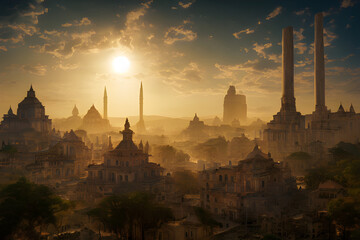 Wall Mural - Sun rises on an ancient, powerful city..