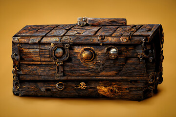 Wall Mural - Pirate treasure chest with gold coins, icon concept for game button and screen. Digital illustration