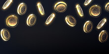 Abstract Falling Gold Coins, Money Web Banner With Copy Space For Text On Black Background.