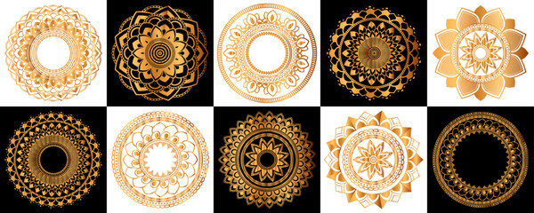 Wall Mural - Set of gold zentangle mandalas, Mandala for henna, mehendi, tattoo, Decorative ethnic ornamental elements, Oriental patterns