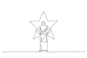 Wall Mural - Cartoon of muslim woman standing with glowing star on his background. Single line art style