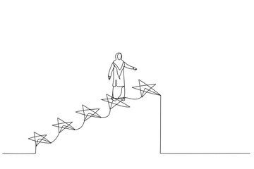 Wall Mural - Drawing of muslim woman steps towards success or outstanding employee positions. Single continuous line art style