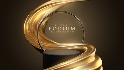 Wall Mural - luxury background with product display podium with black rings frame and gold liquid elements with g