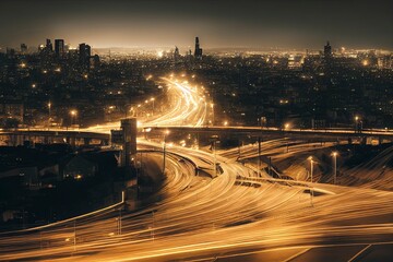 Light streaks on the highway with the city - slightly toned.