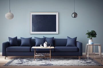 Modern scandinavian style living room interior mock up with dark blue sofa and armchair, living room interior background, 3d rendering