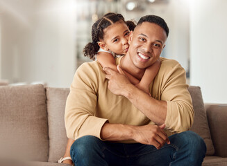 Poster - Relax, love and daughter with father on sofa and hug for family, happy and support together. Lifestyle, smile and portrait of dad and girl in living room at home for happiness, youth and wellness