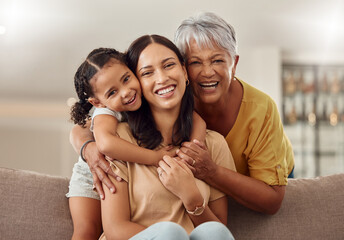 grandmother, mom and child hug in a portrait for mothers day on a house sofa as a happy family in co