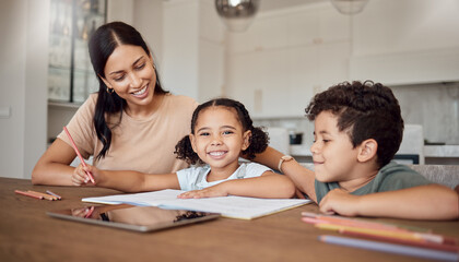 Canvas Print - Family, children and education with a girl, boy and mother doing homework or learning at a dining room table of the home. Kids, love and school with a woman teaching her daughter and son in a house