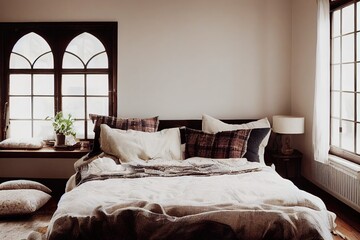 Wall Mural - Side view of lovely bedroom with plaid and pillows on comfortable bed, home decor and cushions on soft armchair in white interior design in bohemian style