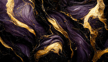 Abstract Luxury Marble Background. Modern Digital Painting. Gold, Black And Purple Colors. 3d Illustration