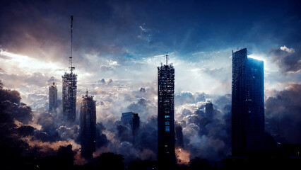 Wall Mural - Skyscraper Skyline, Tall Building in a Dark City