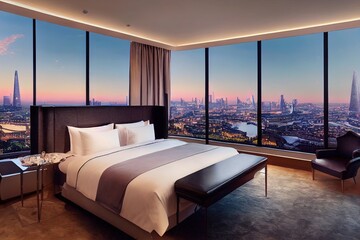 Modern and luxurious hotel bedroom with views of skyline. Condo or 5 star upscale accommodation.