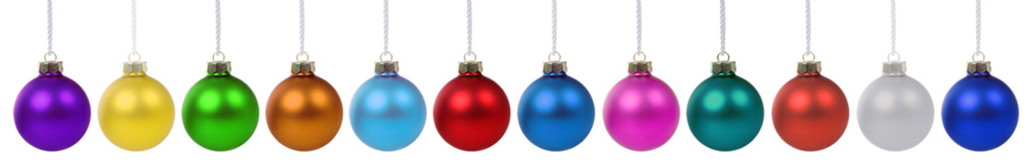 Wall Mural - Collection of christmas decoration balls baubles colorful banner in a row isolated on a white background