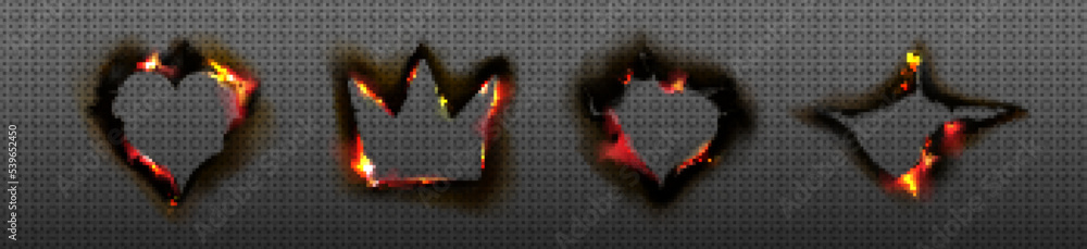 Burn paper holes and borders, burnt page in shape of heart and crown ...