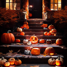 Halloween Pumpkins In The Night At Stairs