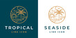 Tropical beach line icon. Palm tree paradise logo. Seaside travel emblem. Summer vacation symbol. Beach resort sunset sign. Vector illustration.
