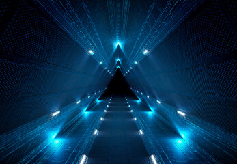Wall Mural - Futuristic interior corridor with blue neon lights walls. Triangle shaped spaceship background in space station. Pyramid style tunnel with lit path way. Cyber room with laser. 3d rendering