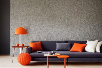 Sticker - Grey stone wall with sofa and curtain decor, vase of plant, orange lamp style, home design.