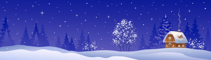 Wall Mural - Vector illustration of a winter night snowy landscape, blue background panorama