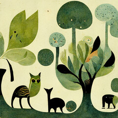 Wall Mural - Beautiful forest illustration with wild life, cartoon style image for kids