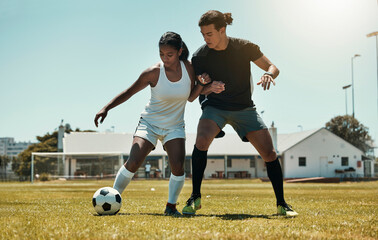 Poster - Man, woman and playing soccer on grass park, stadium field and nature environment in competition match, game and challenge. Fitness friends, sports people and football players in soccer ball training