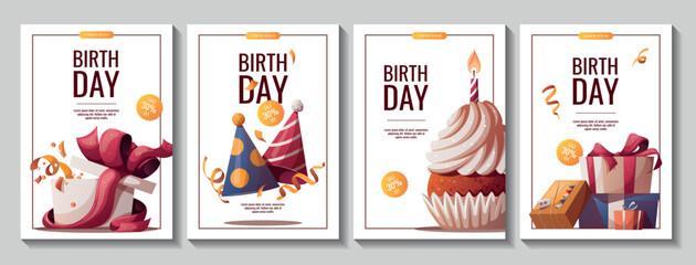Wall Mural - Set of Birthday promo flyers with cupcake, gifts, caps, confetti. Birthday party, celebration, holiday, event, festive concept. Vector illustration. Banner, flyer, advertising.