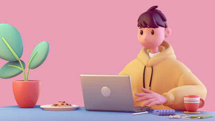 Portrait of successful asian programmer guy in yellow hoodie uses computer for work sits at blue table, red cup of coffee, notebook, smartphone, cookies, green plant in pot. 3d render on pink backdrop