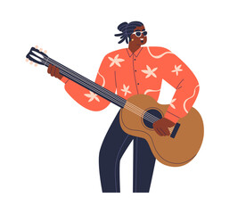 Wall Mural - Guitarist playing classic guitar. African-American musician, solo player performing music on string instrument. Happy black man, popular artist. Flat vector illustration isolated on white background