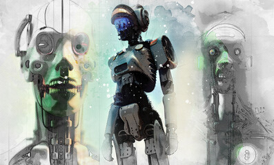Wall Mural - 3d illustration - drawings sketch of futuristic science fiction scene