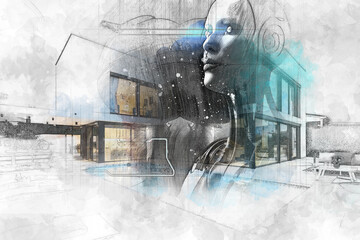 Wall Mural - 3d illustration - drawings sketch of futuristic science fiction scene