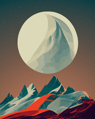 a retro themed space travel poster vector illustration with a large moon and mountains