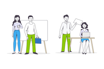 Wall Mural - Successful Team with Man and Woman Office Employee Working Together Vector Set