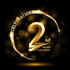 2nd Anniversary Logo, Template design for anniversary celebration with golden ring and text, vector illustration