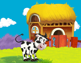 Wall Mural - cartoon farm scene with cow calf illustration