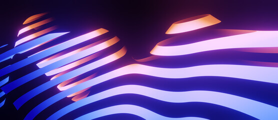 Wall Mural - Striped blue orange neon abstract flowing rings or bands, virtual background, digital technology, science or data concept, futuristic retro wave visualization 3D render illustration