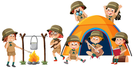 Wall Mural - Children camping outdoor with tent