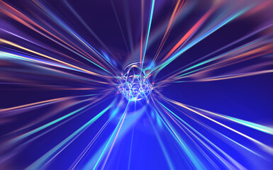 Abstract beam. Node, energy, speed, flow, cyber, nanoparticle 3D illustration