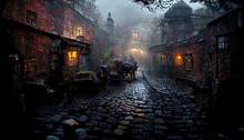AI Generated Image Of Victorian London On A Moody Evening With Gas-lights, Fog And Cobble-stone Streets 