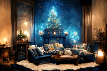 Poster - Blue Christmas interior. Living room with blue walls, blue sofa and gold and blue Christmas decorations on Christmas tree. Ai generated art illustration