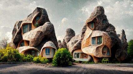 Ecological organic shaped houses made of rock with tree around. Eco-friendly concepts. Eco-architecture. Modern city in future. Ai generated art illustration