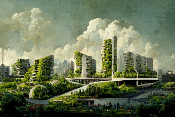 Wall Mural - Spectacular eco-futuristic cityscape concept full with greenery, skyscrapers, parks, and other manmade green spaces in urban area. Green garden in modern city. Ai generated art illustration