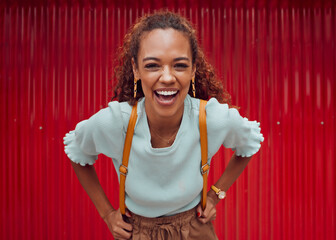 Sticker - Woman, happy and freedom fashion, smile and outdoor fun on the weekend alone. Portrait of a young female laugh, fashionable and feeling confident while spending her free time on a red background