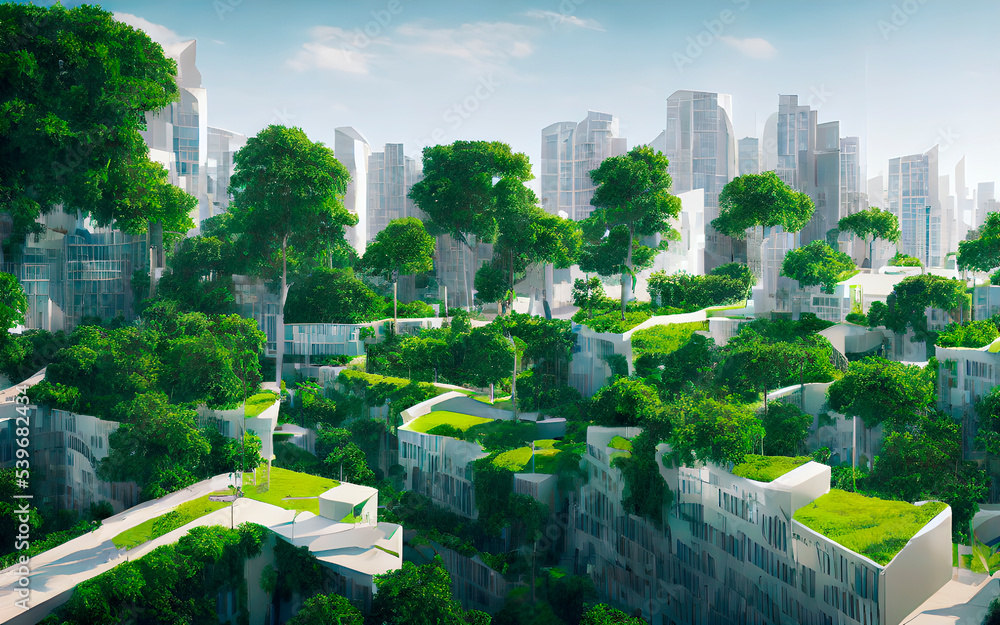 Futuristic city concept of ESG green buildings and offices filled with ...