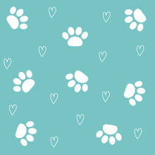 Cat Dog Animal Paw Foot Print Seamless Pattern. Footpath Footprint Trail Silhouette. White Footprint Heart Set. Cute Kawaii Sign Symbol. Flat Design. Green Background. Isolated.