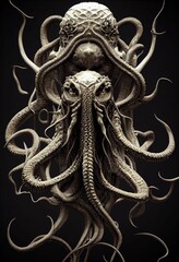 Wall Mural - Vertical hyper-realistic illustration of a fantasy octopus creature in grayscale