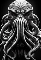 Wall Mural - vertical hyper-realistic illustration of a fantasy octopus creature in grayscale
